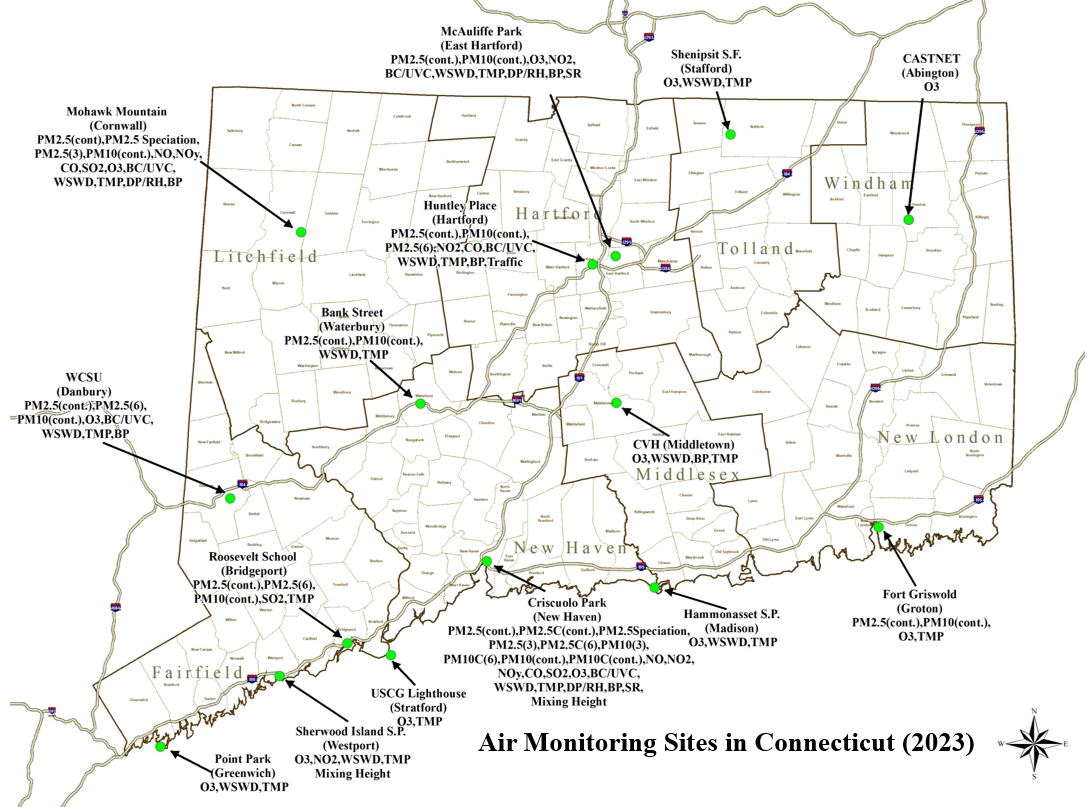 A map showing the locations of the 15 air monitoring stations in Connecticut.