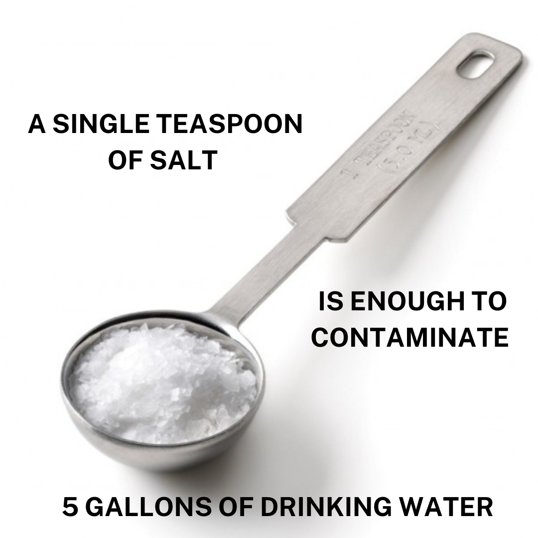 A single teaspoon of salt is enough to contaminate 5 gallons of drinking water