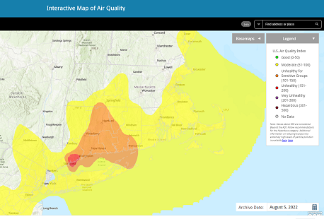 Area of southern New England that depicts a bad-air day in 2022