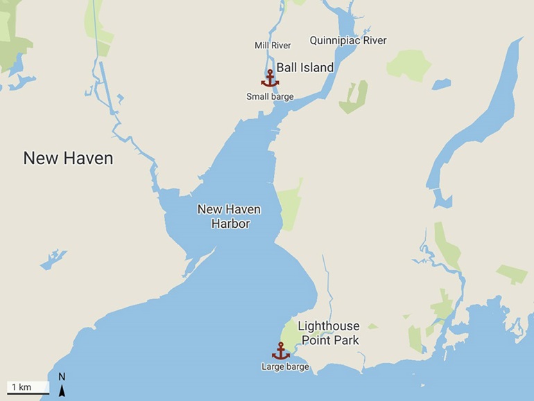 Map of New Haven Harbor showing the location of the two barges on January 16, 2021