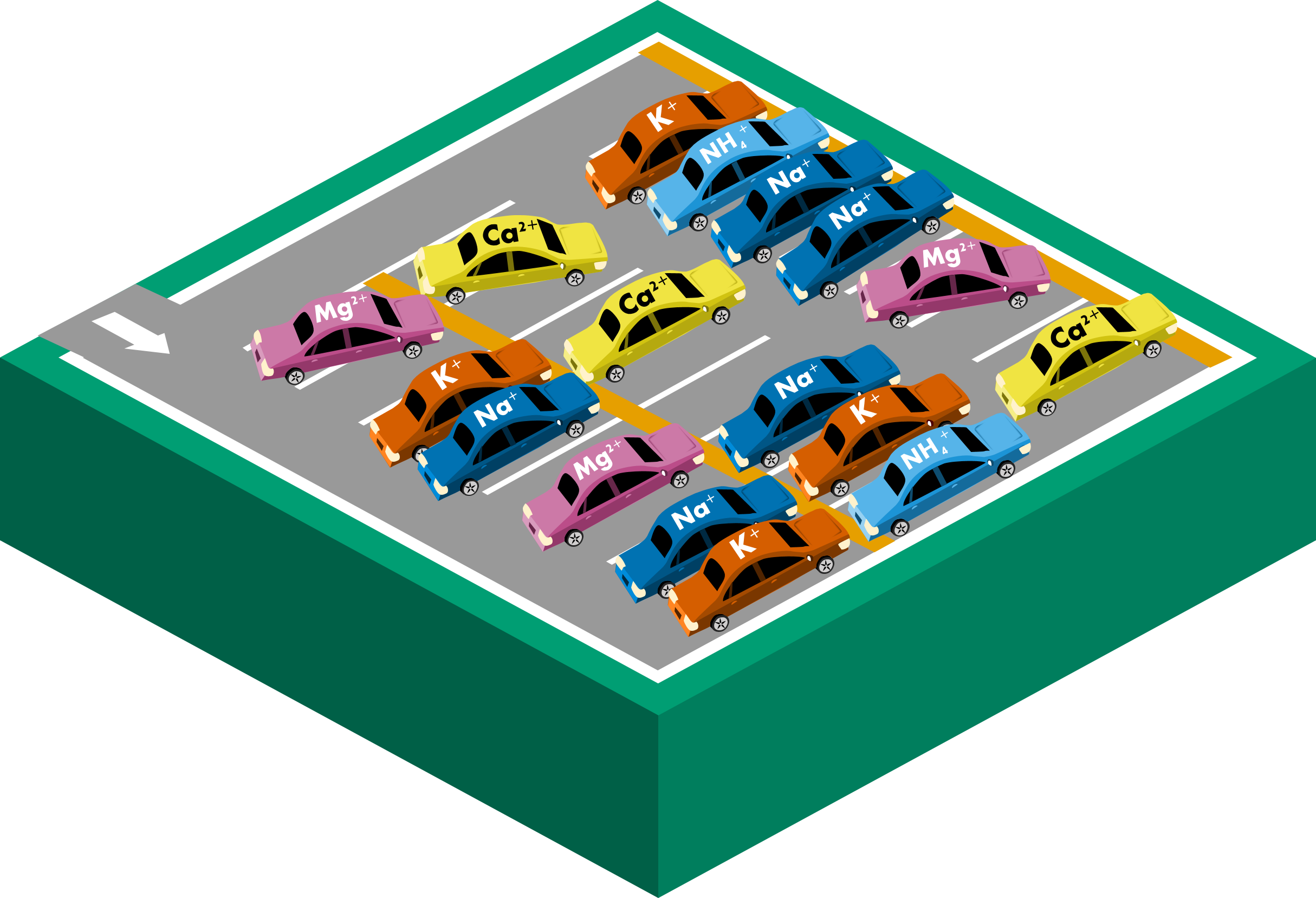 Infographic illustrating soil chemistry represented by a parking lot