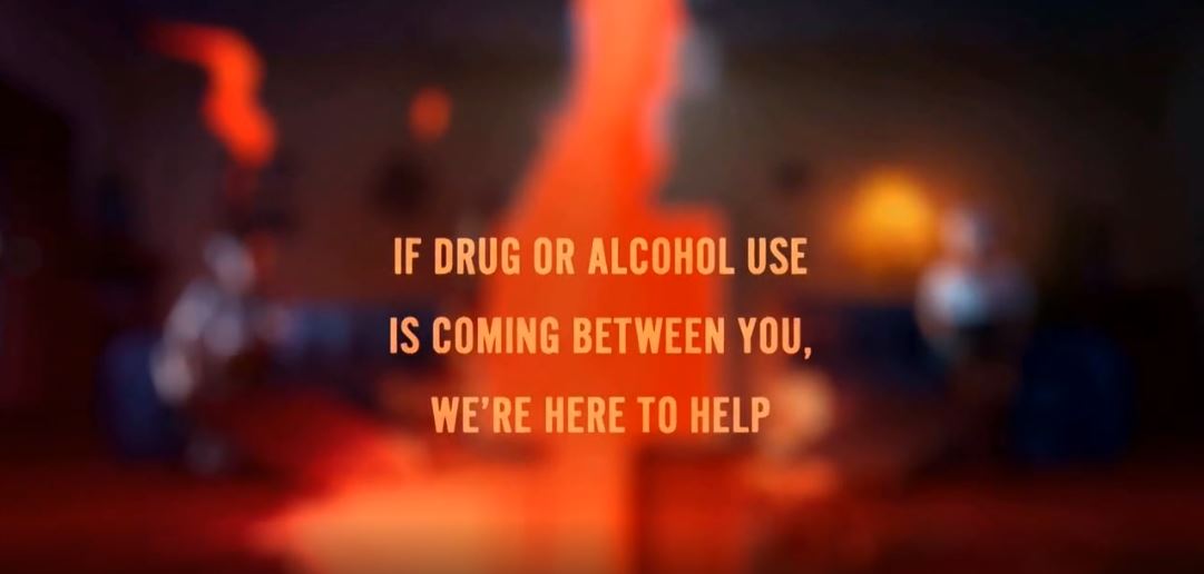 Image of flames, text says "if drug or alcohol use is coming between you, we're here to help