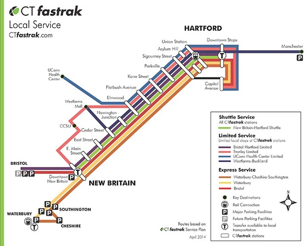 Route of the CTfastrak bus rapid transit system, which launched on March 28, 2015.