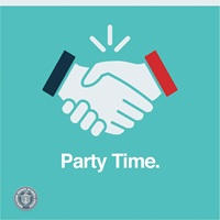 Image of blue and red hands shaking and text: Party Time.