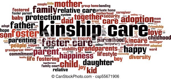 Kinship Care word cloud with a variety of words, such as "family," "relative care," and "happy"