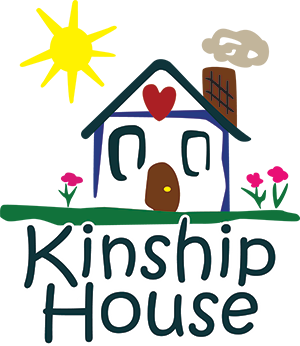 Drawing of a house with a heart, flowers and sunshine that reads "Kinship House"