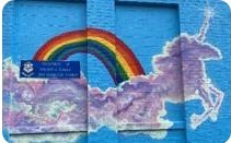 Another part of the Hartford Office Mural: a cloud unicorn in front of a rainbow