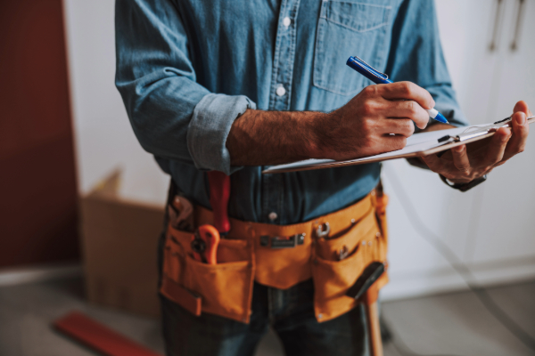 Image displays a home improvement contractor with a tool belt writing on a clipboard