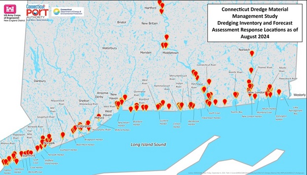 Map of Connecticut with pinpoints of dredging inventory and forecast assessment response locations as of August 2024.