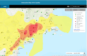 Map of southwest Connecticut depicting the air quality index for ozone.