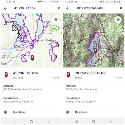 Screenshot of coordinate search in app