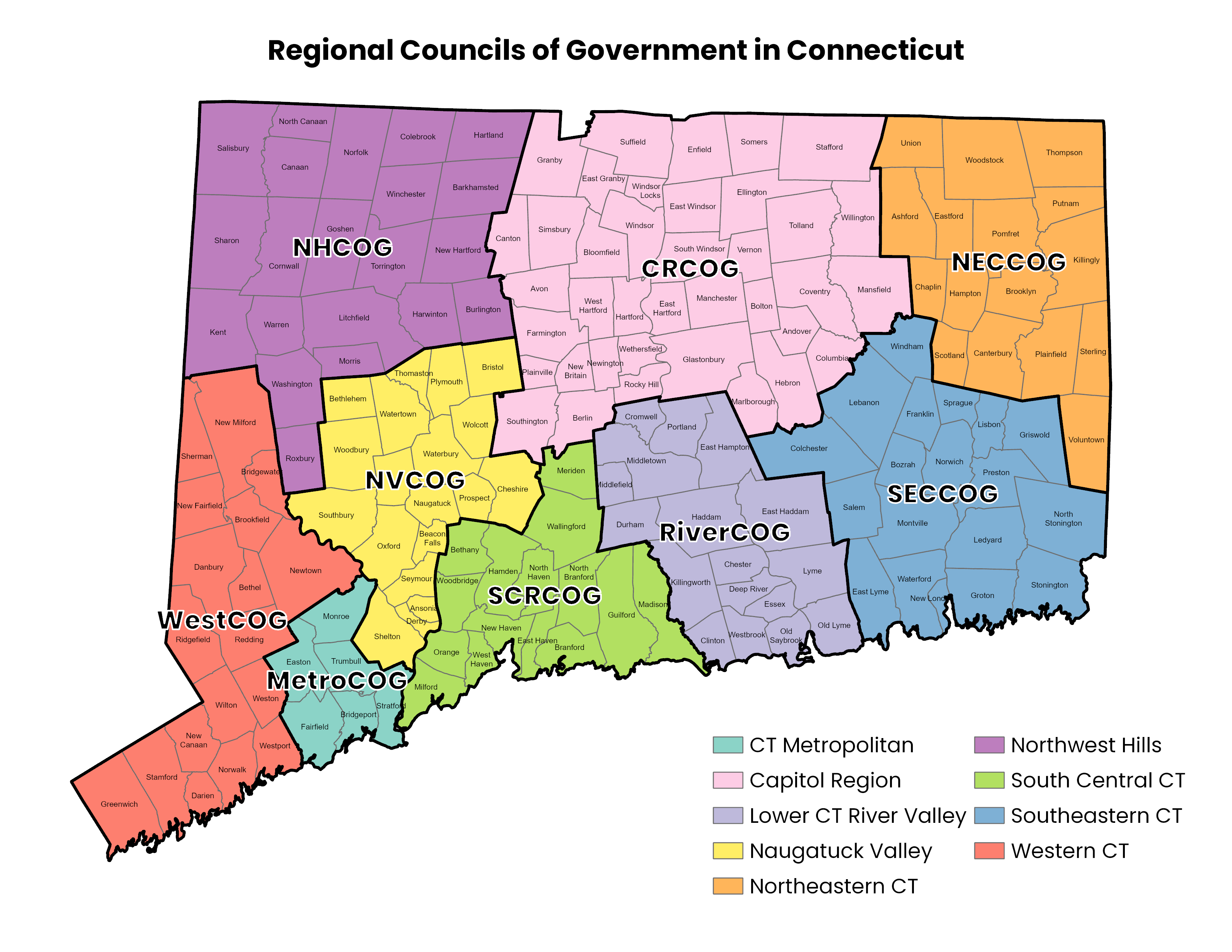Map showing the regional councils of government in Connecticut and their geographic boundaries.
