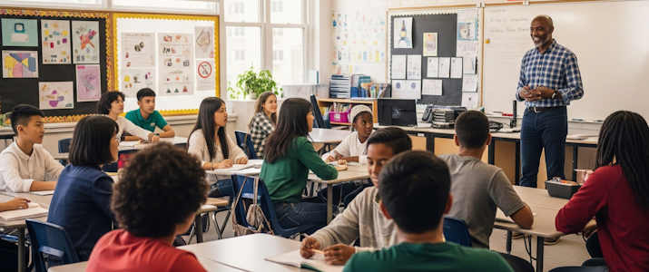 A classroom with students and a teacher