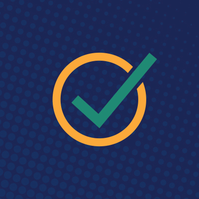 green check mark in yellow circle on blue background
