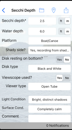 A screenshot of the Lake Observer mobile app secchi depth data entry screen.