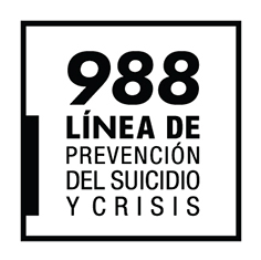 Graphic of white square with text "988 linea de prevencion del suicidio y crisis"