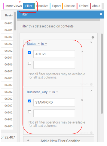 Image of filter criteria in data.ct.gov