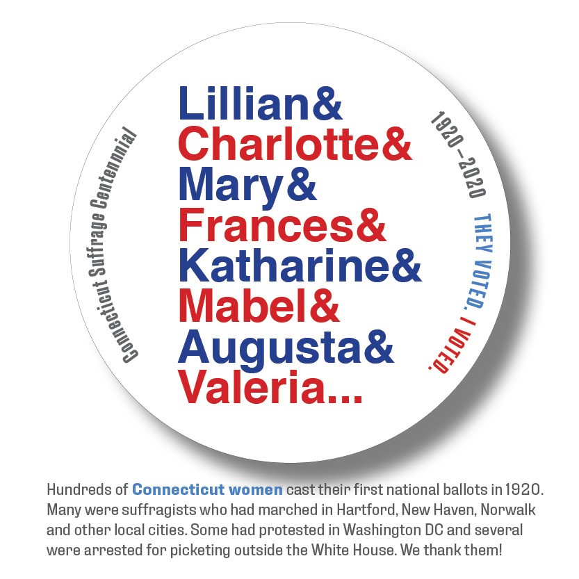 Digital I Voted Sticker with stylized names of Connecticut Suffragists